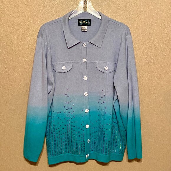 CAROL PATTERSON KNITS Sequin Embellished Sweater Ombre Cardigan Teal/Purple (L) - Picture 1 of 9